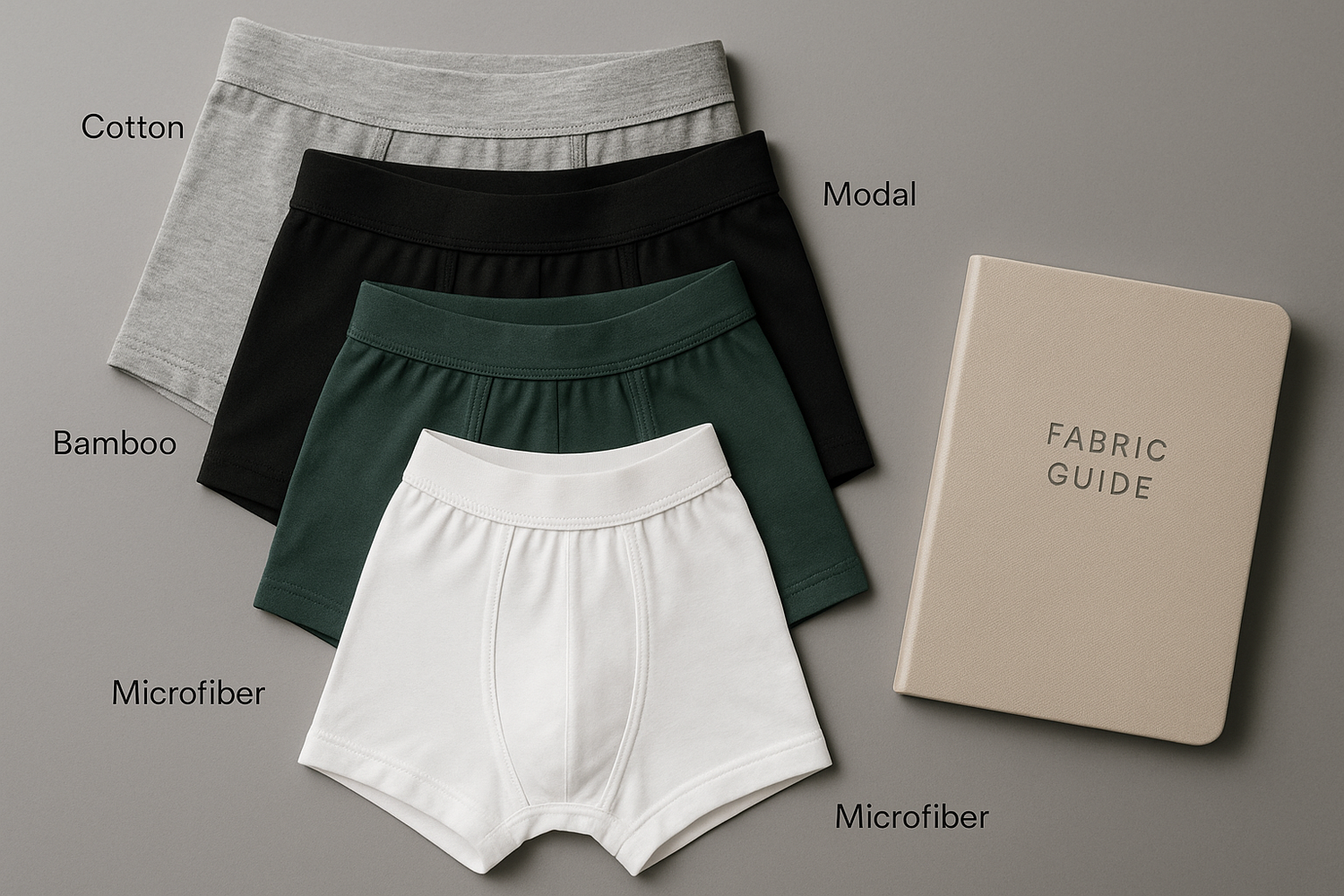 High-resolution image showcasing four types of men's underwear in different fabrics, including cotton, bamboo, and modal, laid out with clean lighting to illustrate the best materials for comfort and breathability.