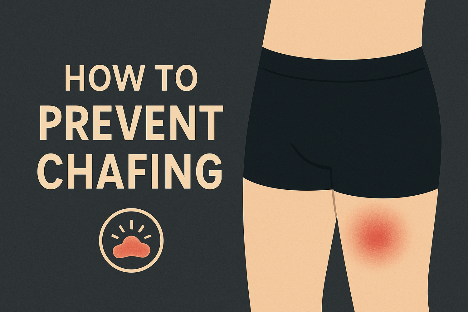 Flat-style digital illustration showing a person in black boxer briefs with thigh irritation, alongside bold text reading 'Best Underwear to Prevent Chafing' – highlighting solutions for men's inner thigh chafing.