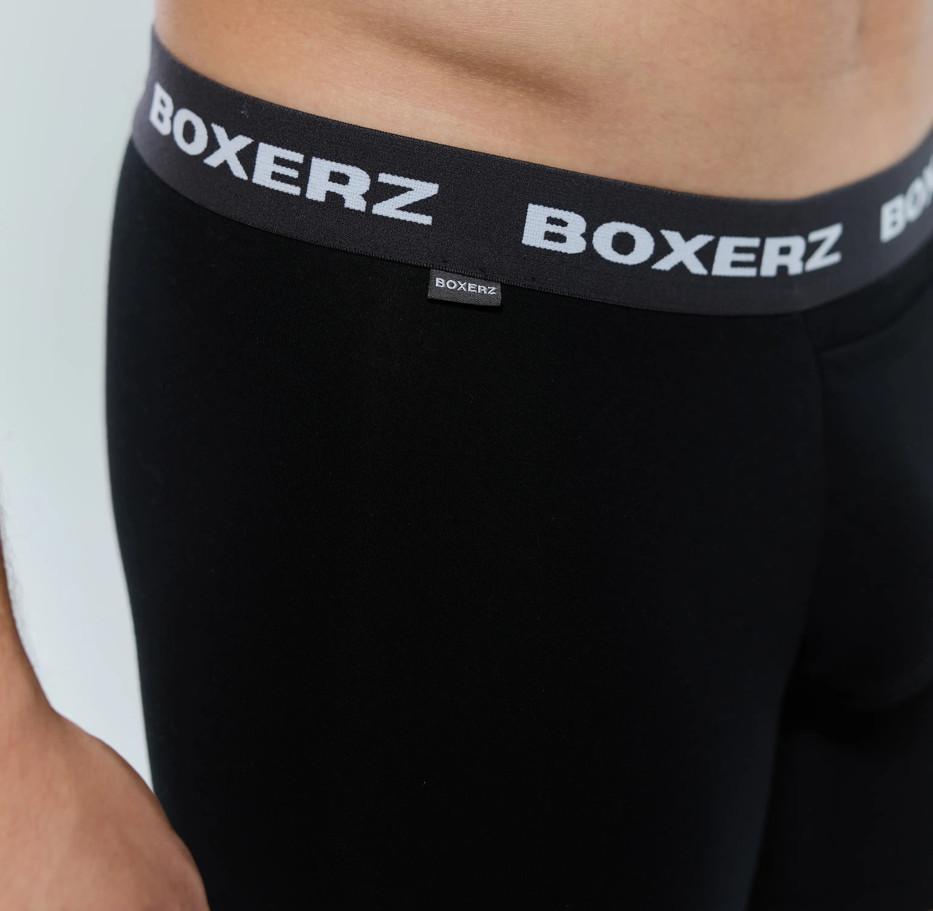 Close-up of Boxerz waistband on black boxer briefs, showing logo and stitching details