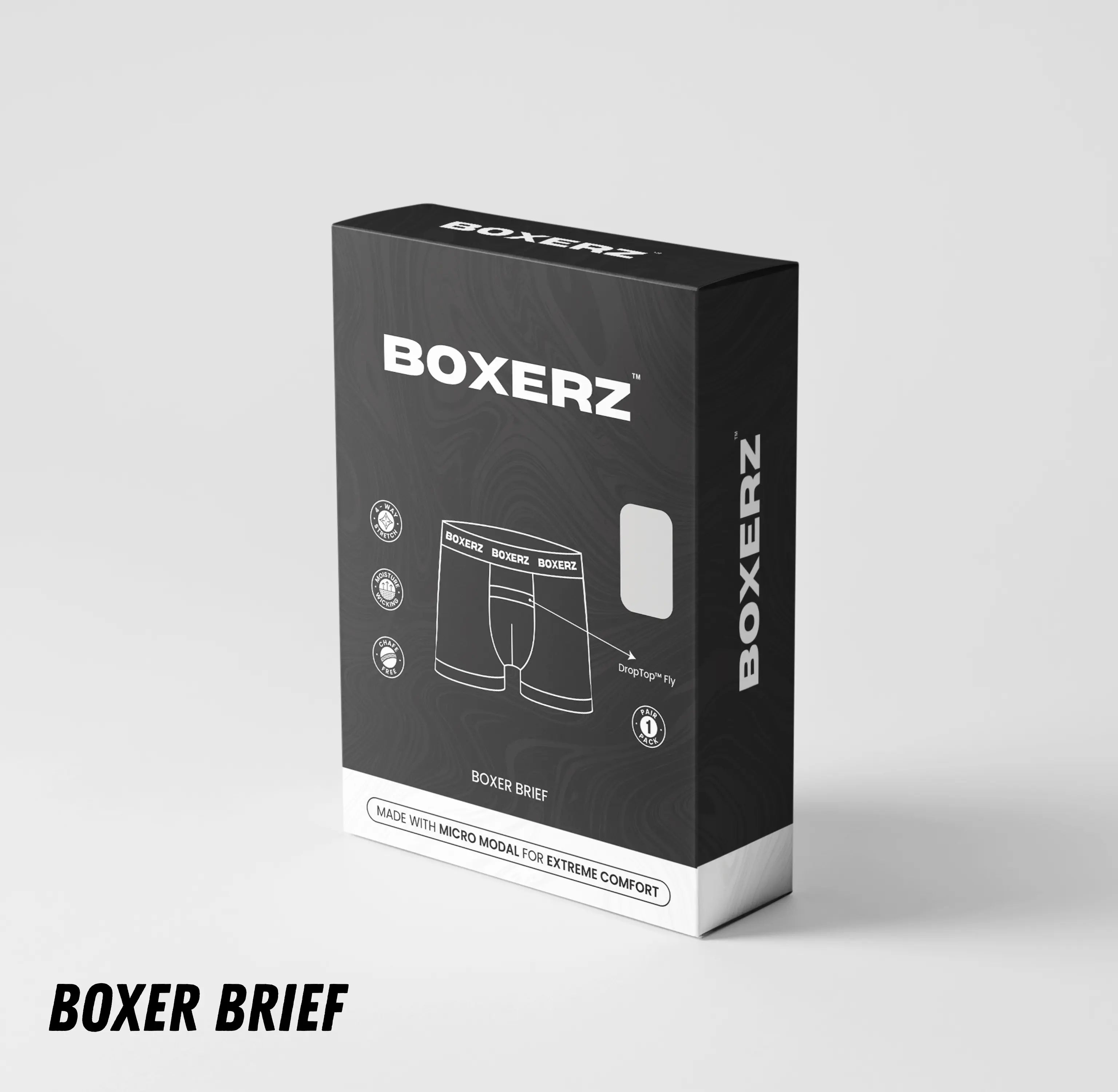 Boxerz retail packaging for black boxer briefs, highlighting DropTop™ Fly, anti-chafe comfort, and 4-way stretch