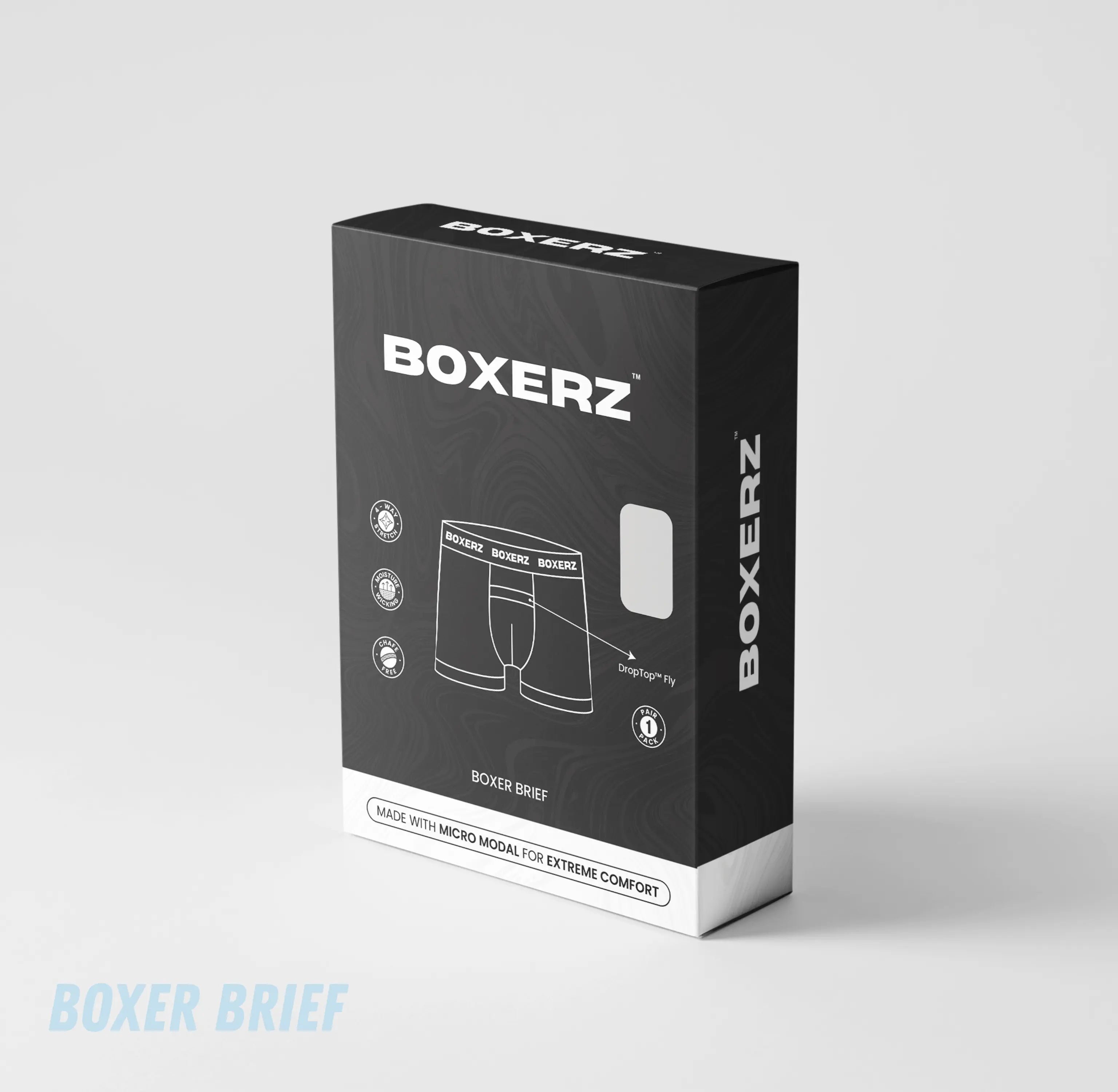 Retail packaging for Carolina blue boxer briefs by Boxerz, highlighting DropTop™ Fly, anti-chafe fabric, and breathable fit