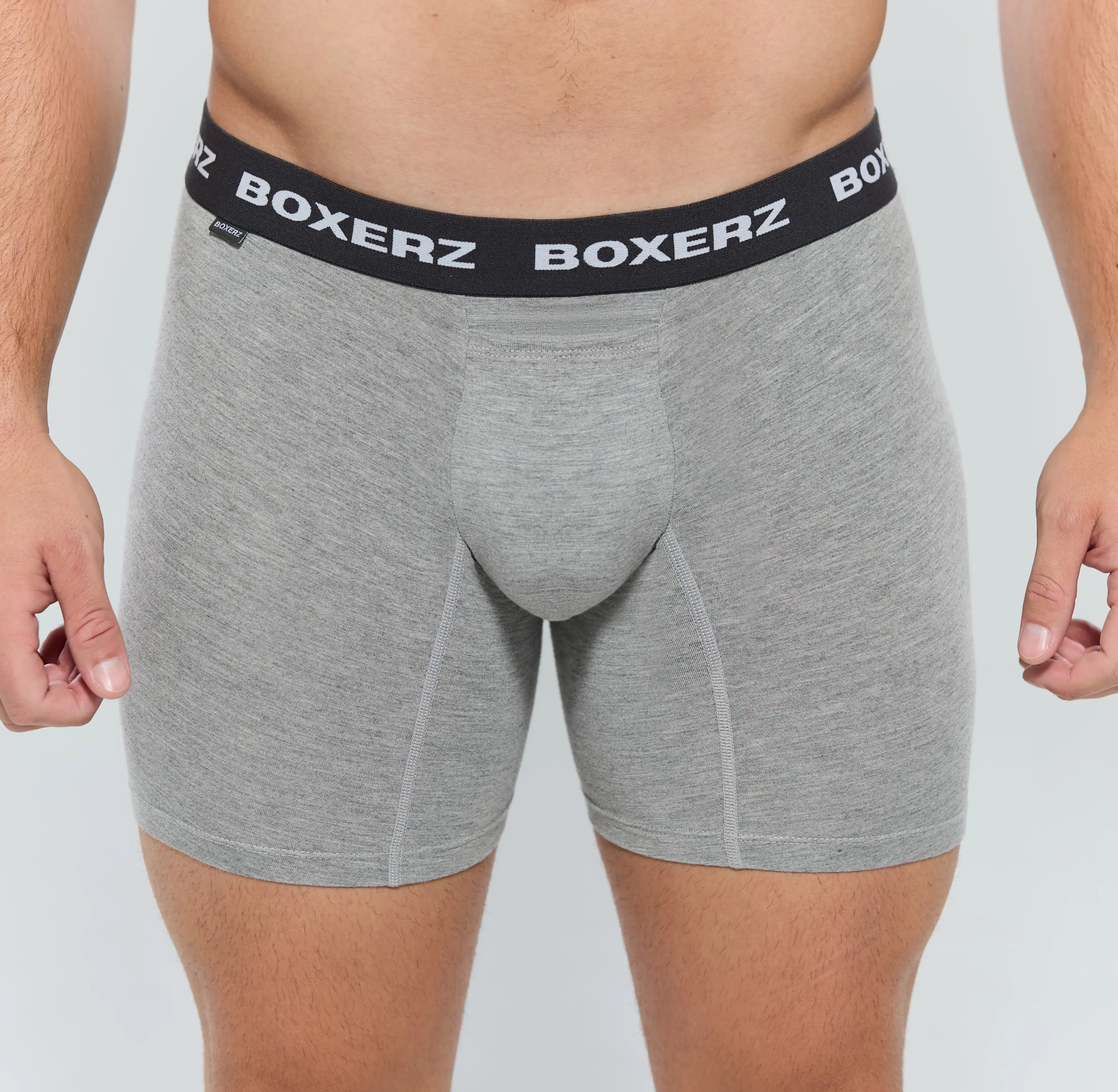 Front view of men’s grey boxer briefs from Boxerz, showing logo waistband and contoured pouch