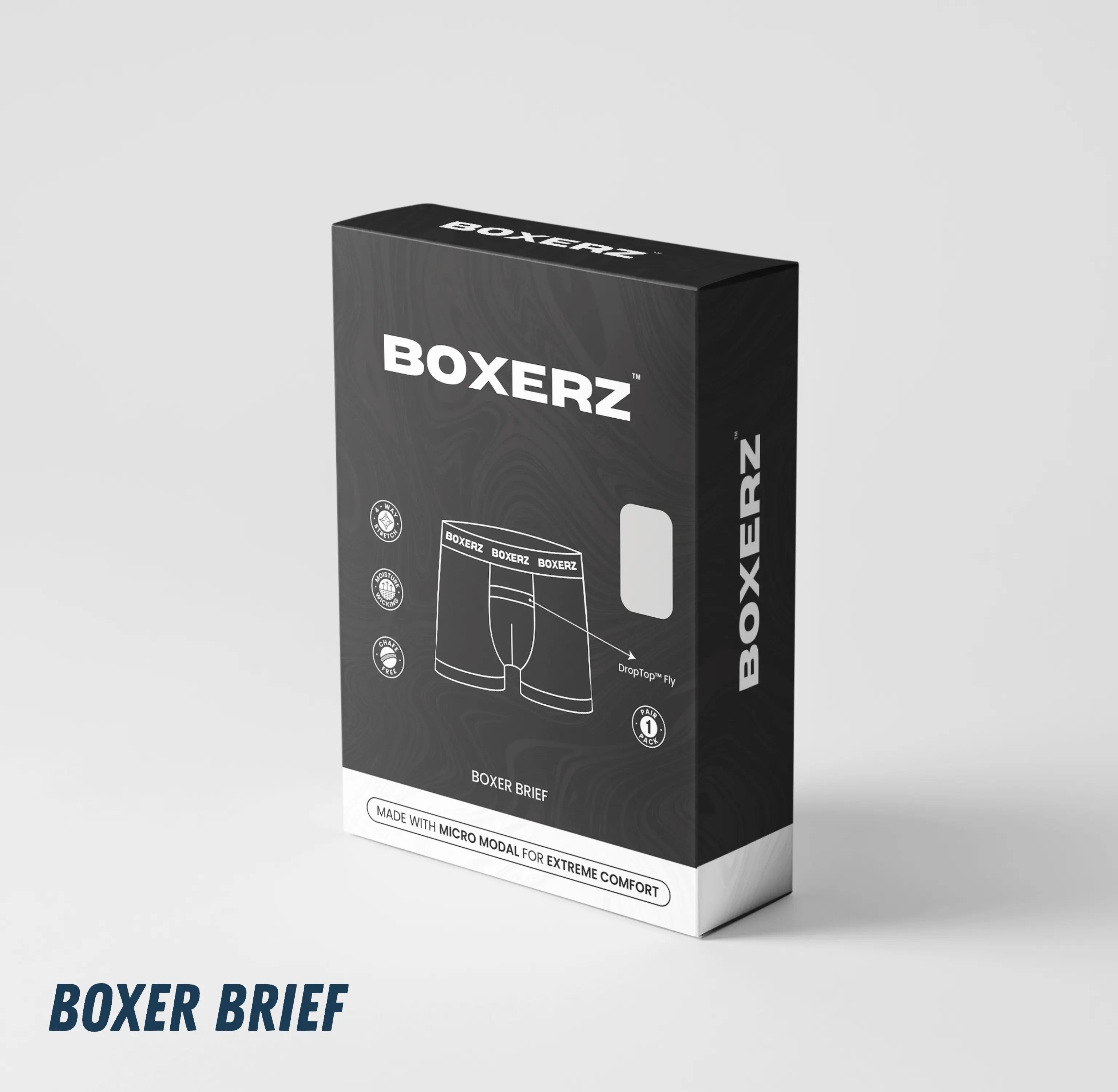 Boxerz packaging for midnight blue boxer briefs, featuring signature branding, tech specs, and comfort-first messaging