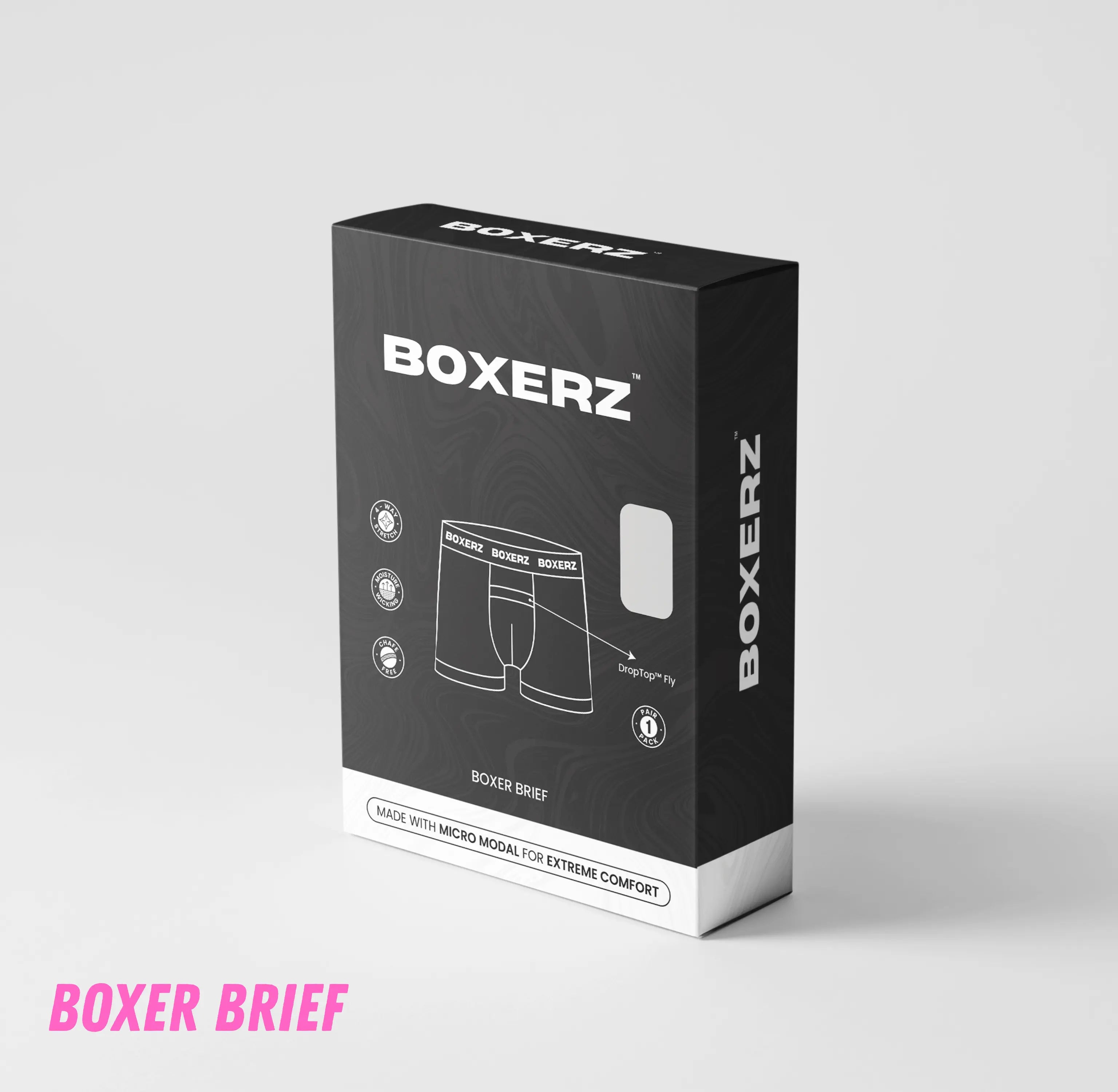 Retail packaging for pink Boxerz boxer briefs, showing sleek design and performance feature highlights