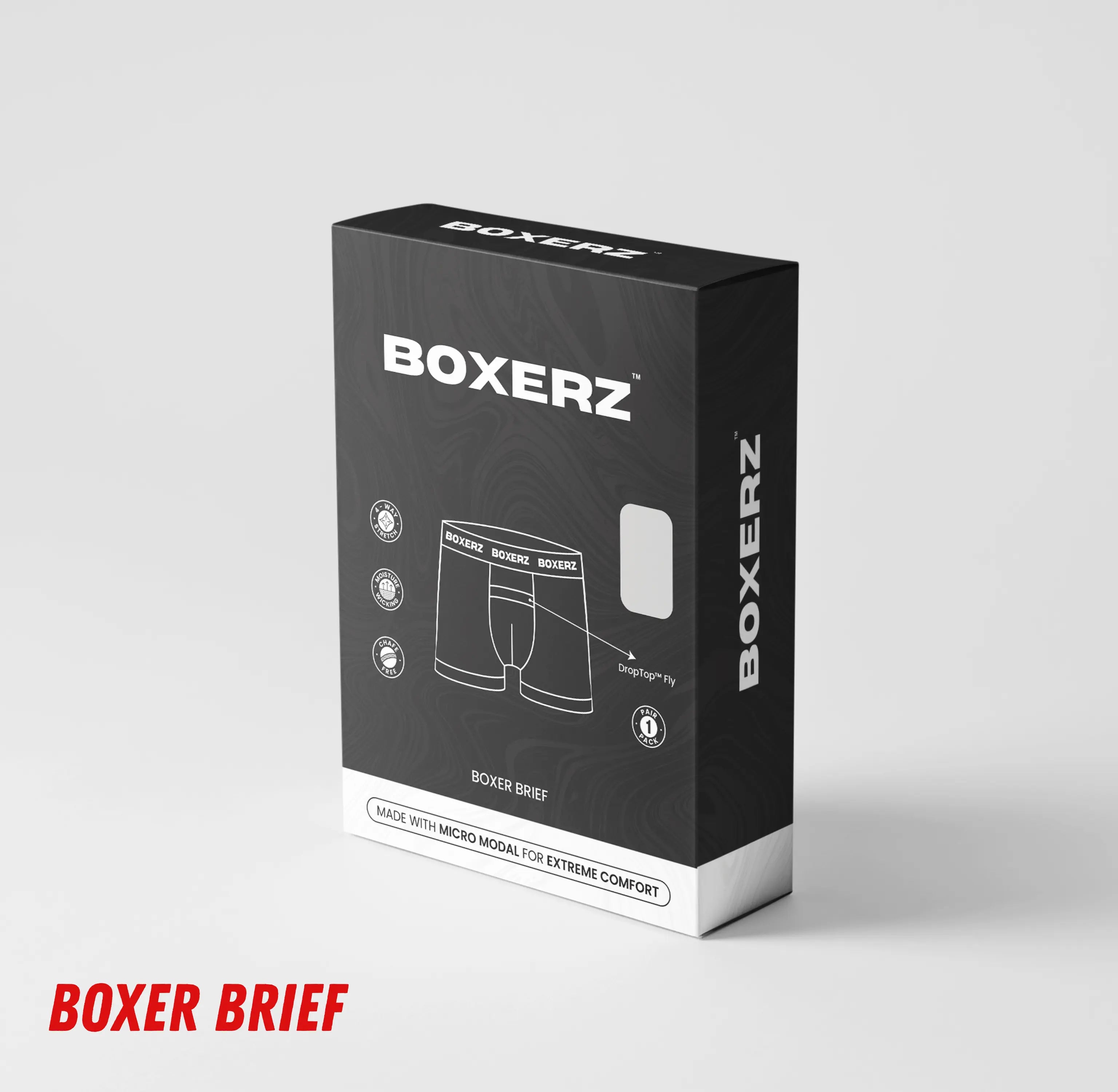 Boxerz retail packaging for red boxer briefs, featuring DropTop™ Fly, ultra-soft micro modal, and comfort-focused design