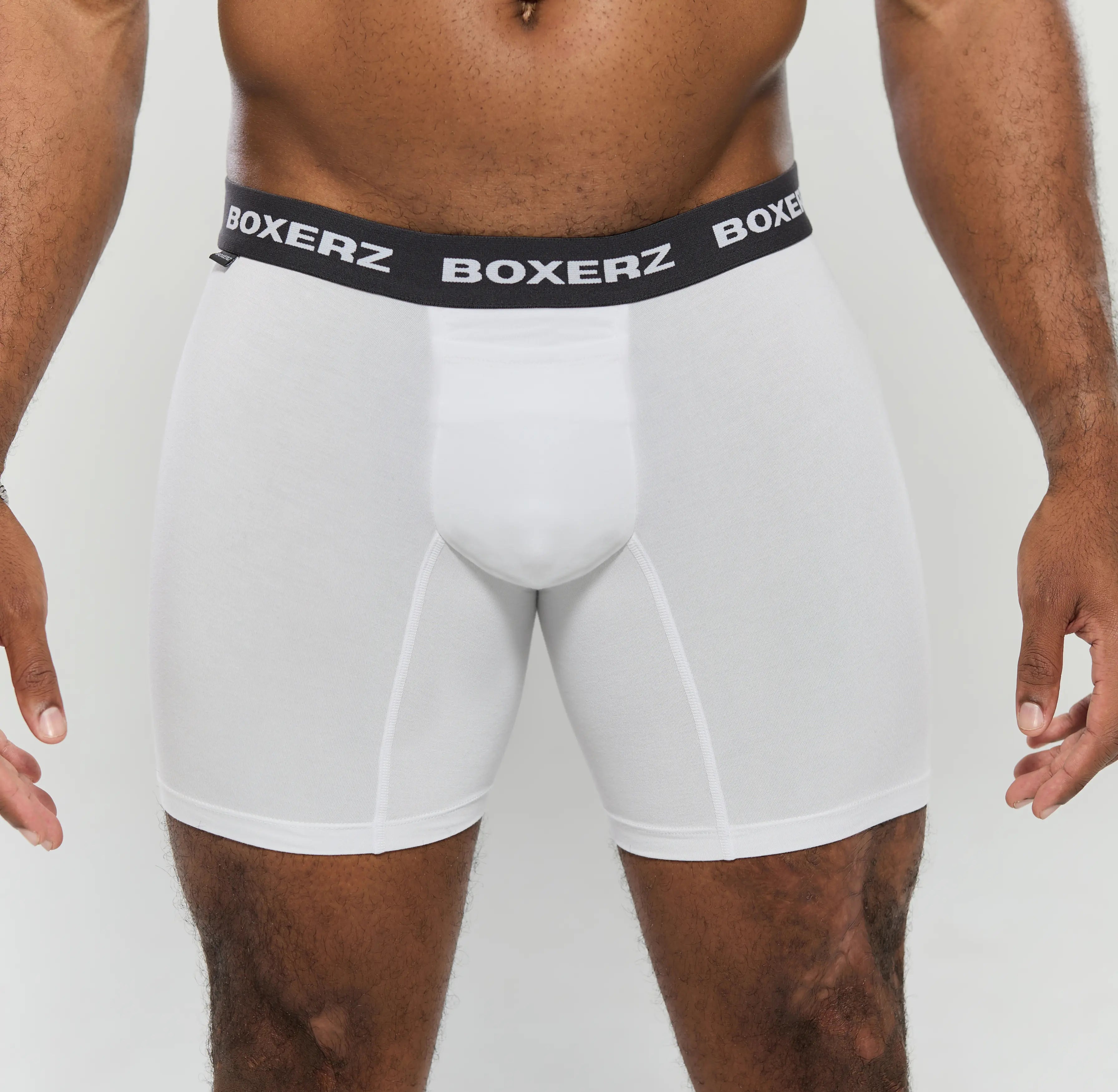 Front view of men’s white boxer briefs from Boxerz, showing logo waistband and contoured pouch