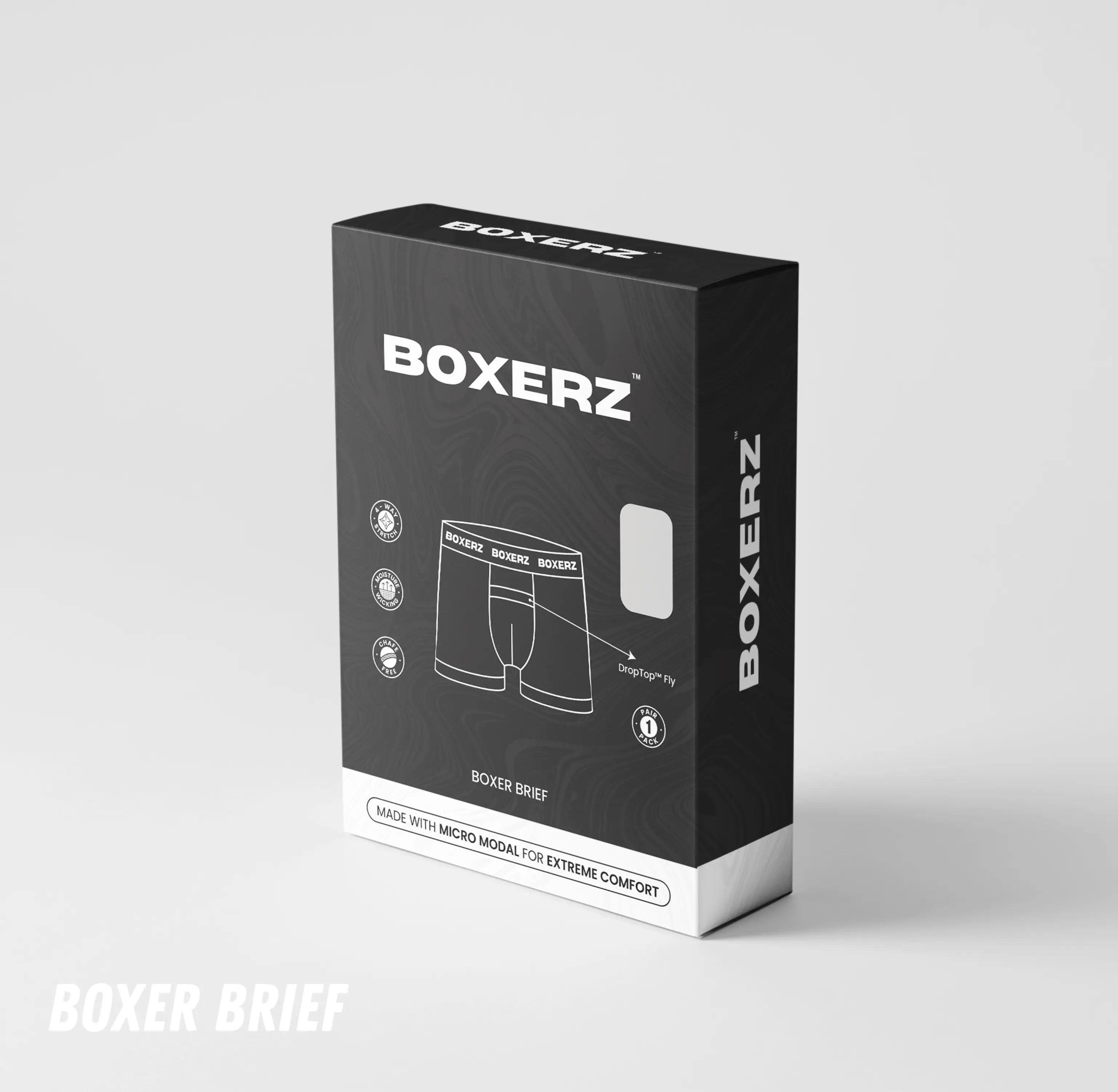 Boxerz packaging for white boxer briefs, featuring bold branding, product illustration, and ultra-soft fabric callouts