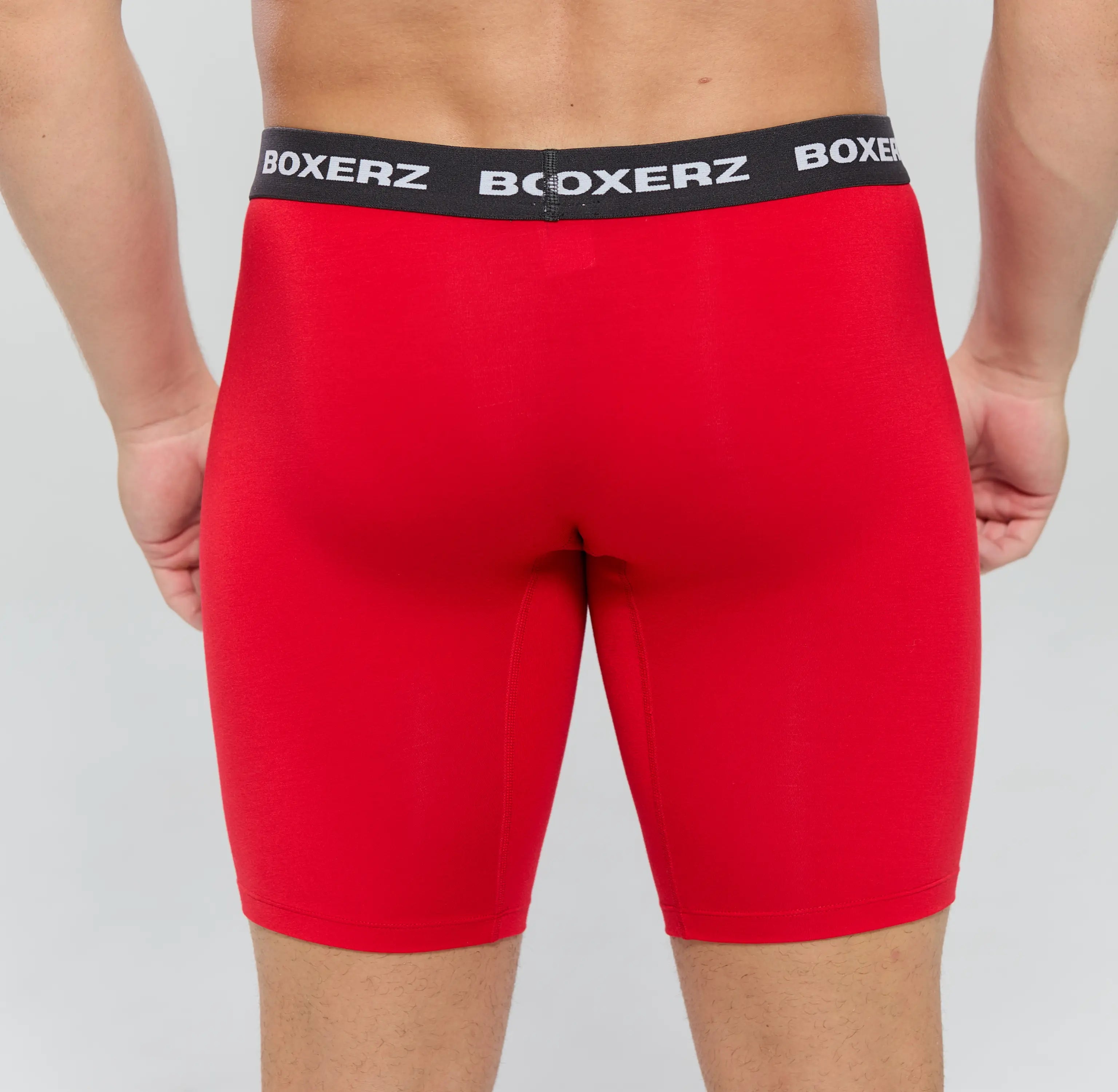 Rear view of men's red Sports+ boxer briefs from Boxerz, showcasing seamless fit and supportive design