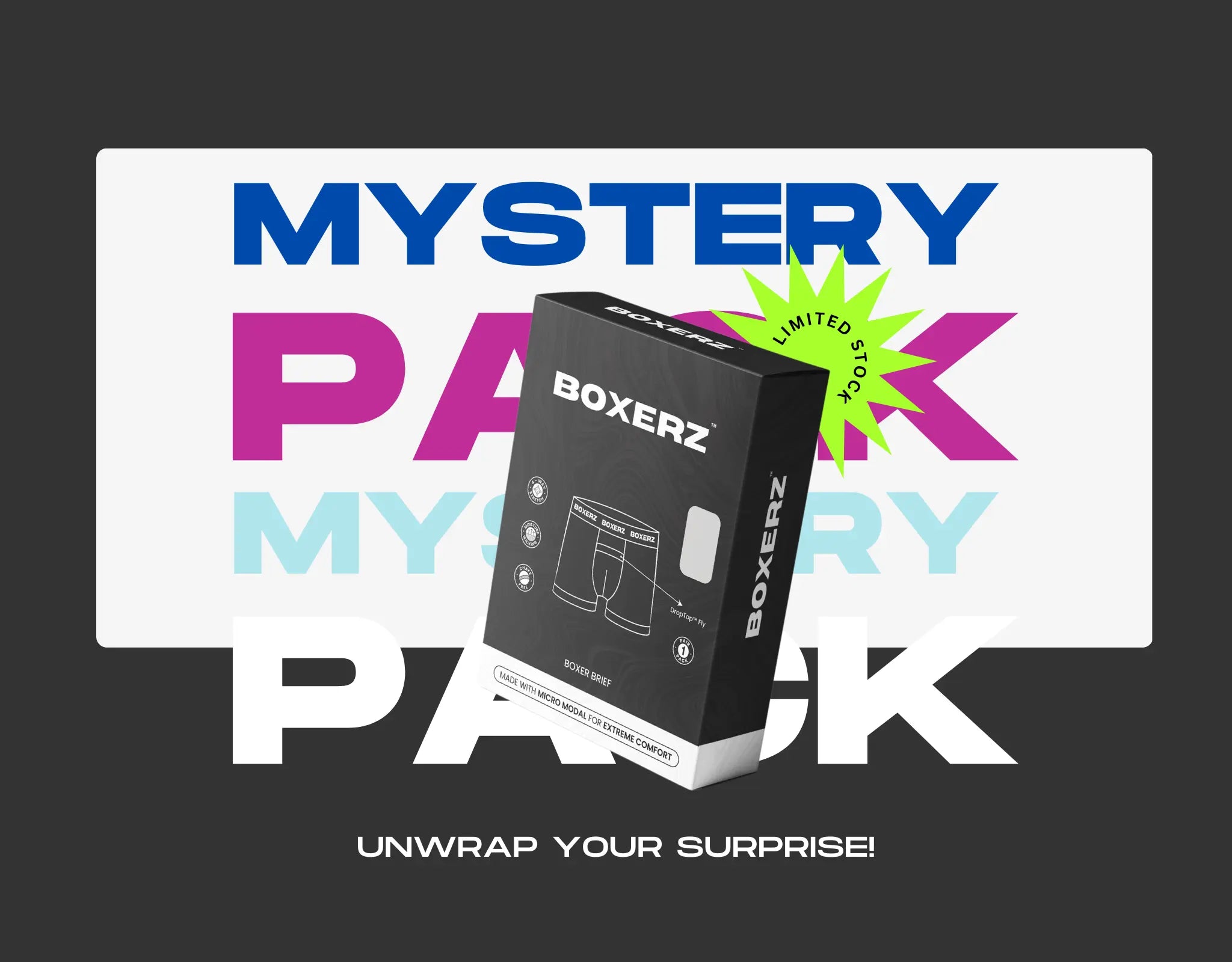Boxerz Mystery Pack retail packaging displayed with bold layered text and “Limited Stock” badge, promoting surprise underwear selection and unboxing experience