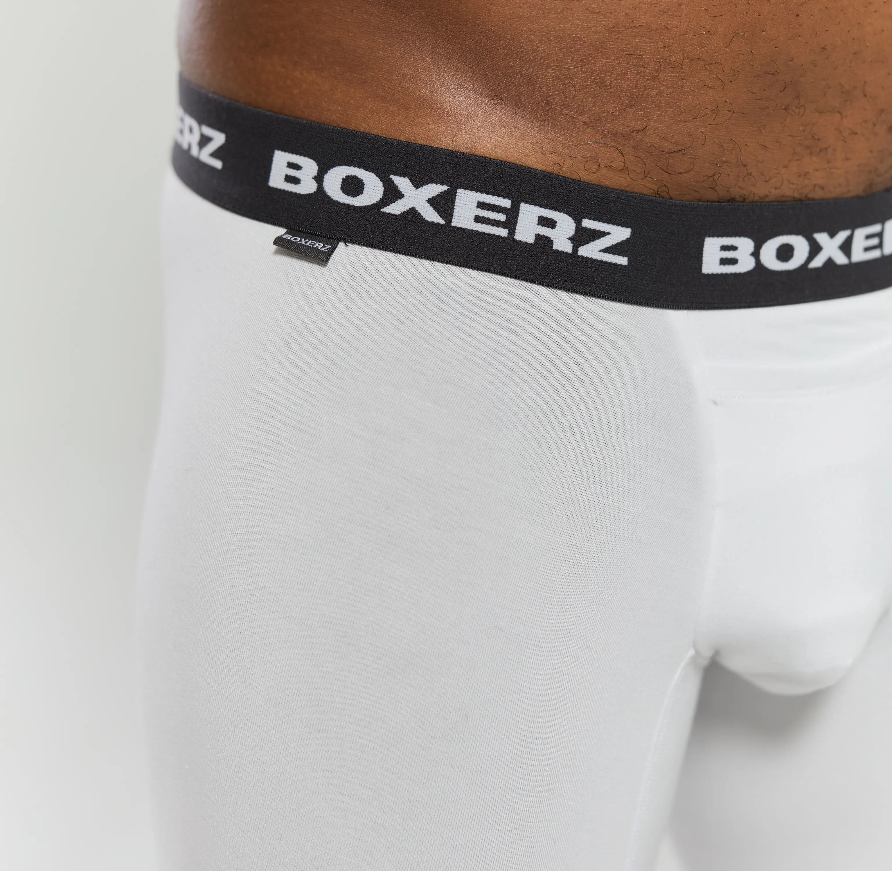 Close-up of Boxerz waistband on white boxer briefs, showing logo and stitching details

