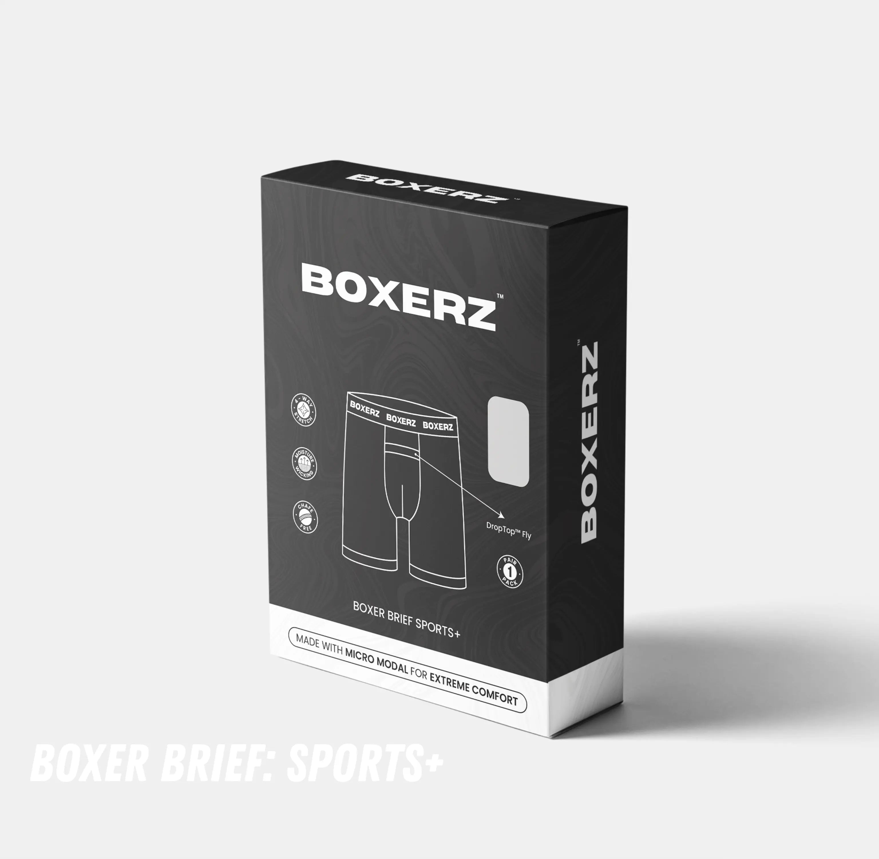 Boxerz packaging for white boxer briefs, featuring bold branding, product illustration, and ultra-soft fabric callouts

